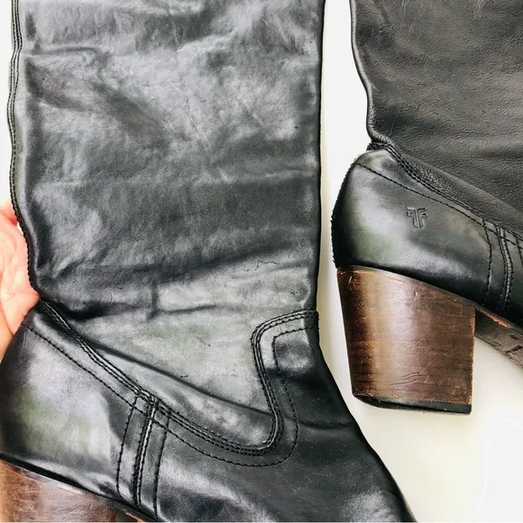 Frye Tall Boots Over the Knee Black Leather Western Block Heel Size 11 M Cowboy - Picture 4 of 16